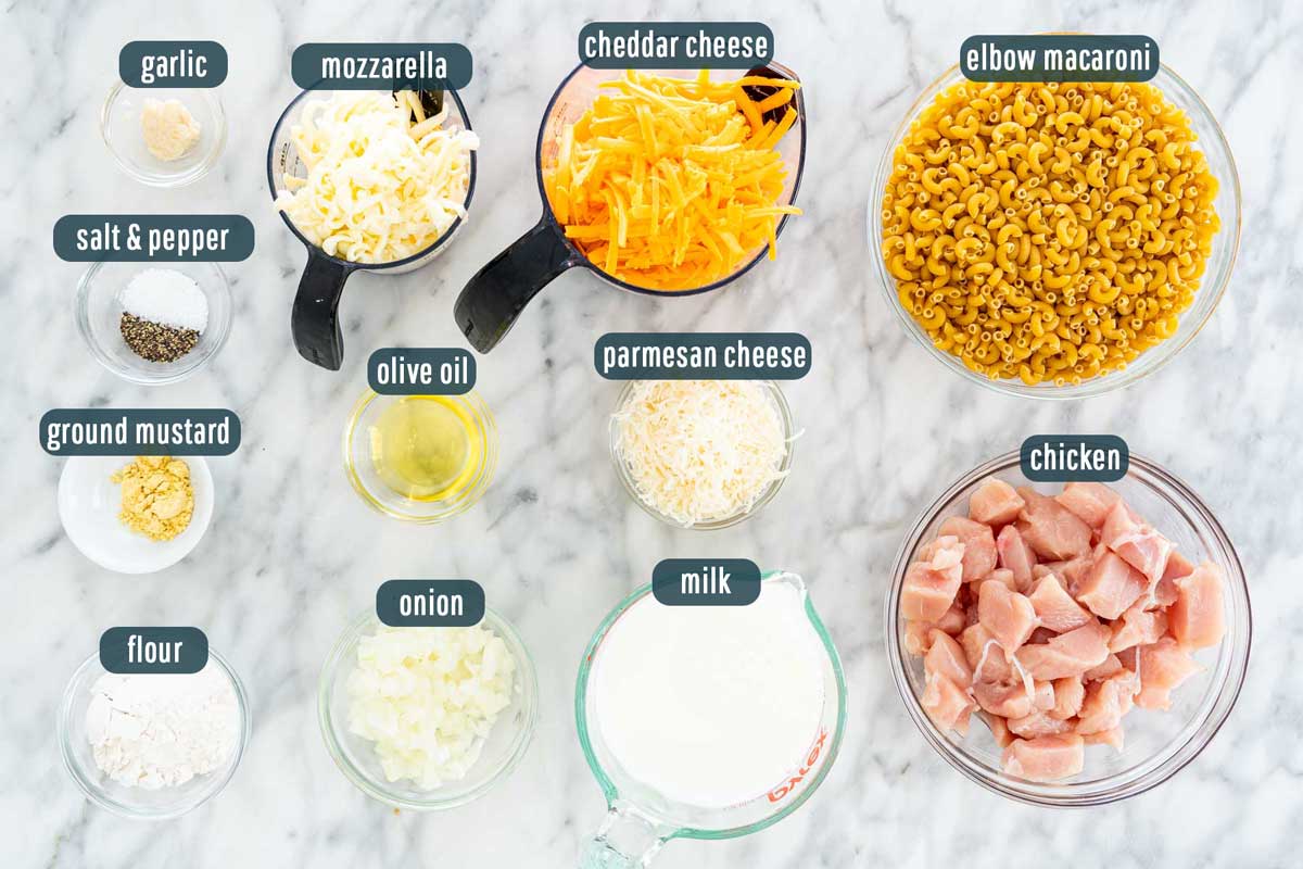 overhead shot of all ingredients needed to make chicken mac and cheese