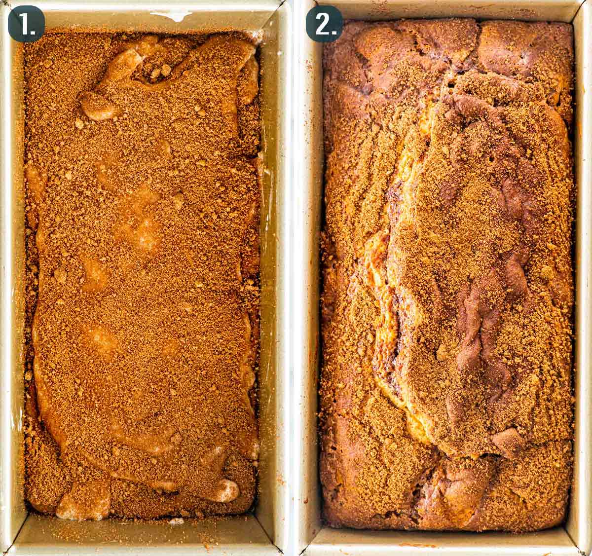 side by side pics of coffee cake bread before and after baking.
