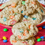 a plate of oatmeal candied chippers surrounded by m&ms