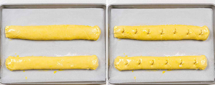 process shots showing how to make savory cheese pie.