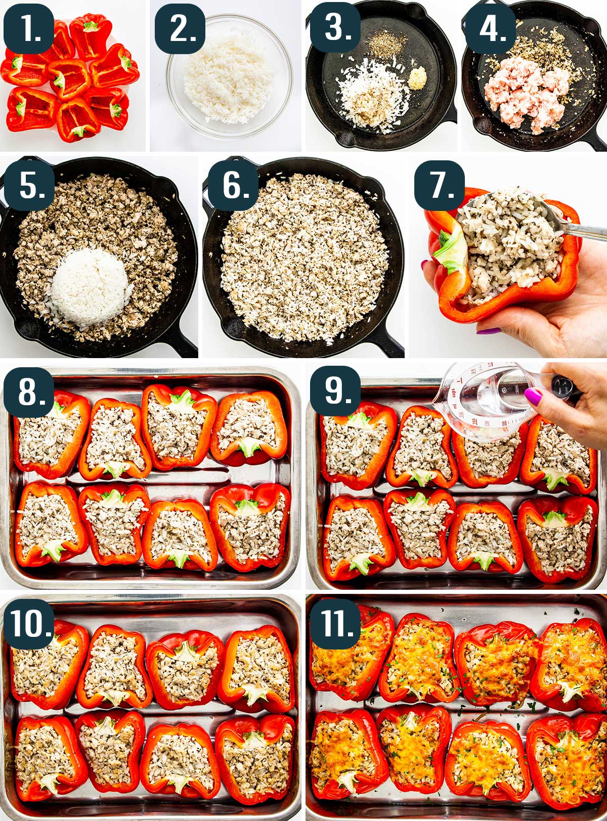detailed process shots showing how to make skinny stuffed peppers