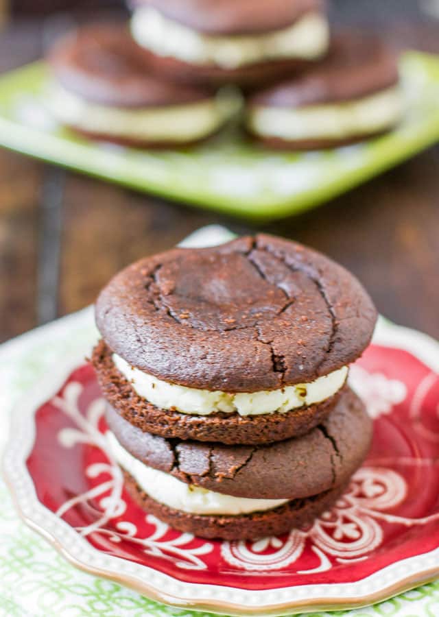 Two Chocolate Whoopie Pies With Baileys Butter Cream stacked on top of each other