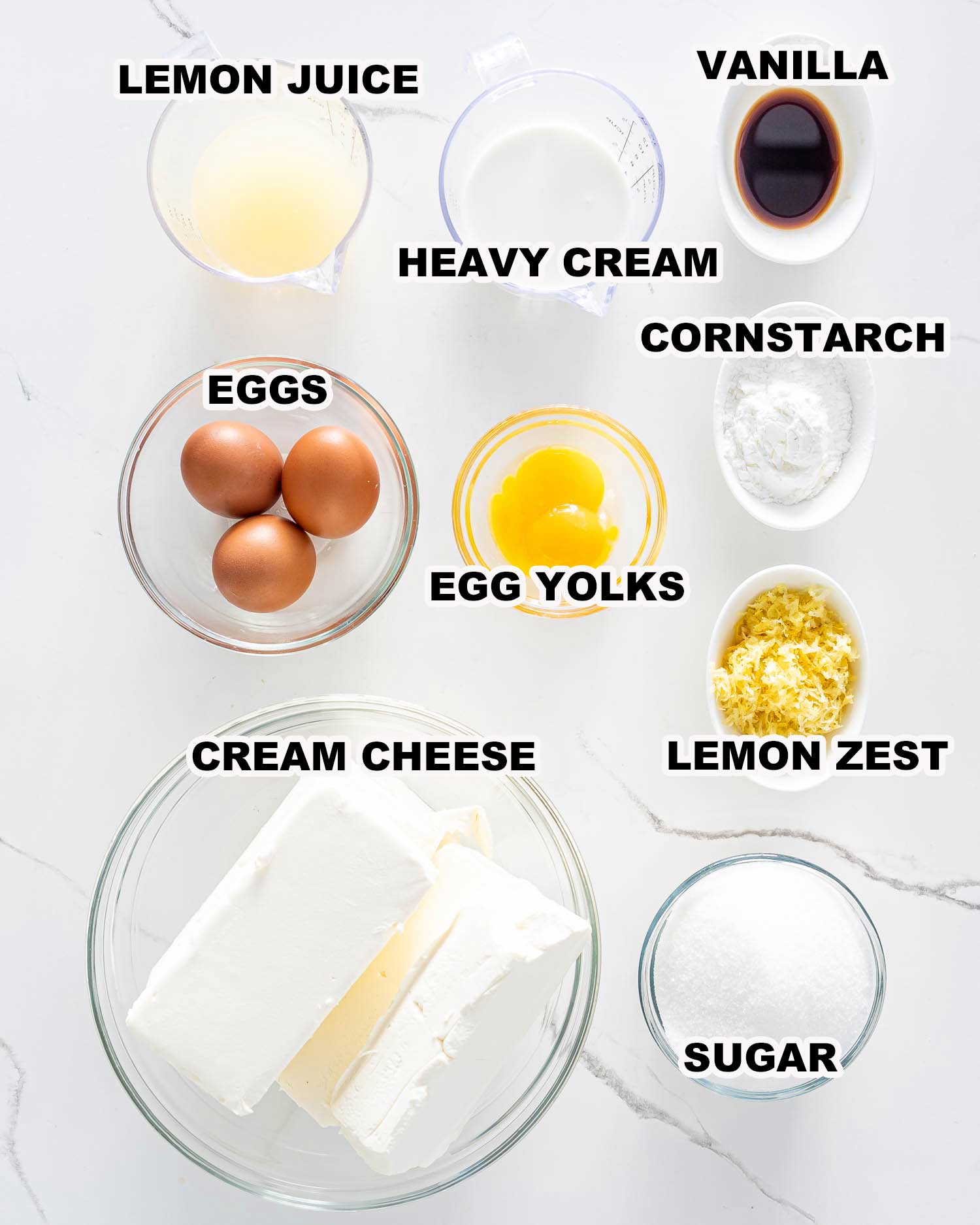 ingredients needed to make lemon cheesecake.