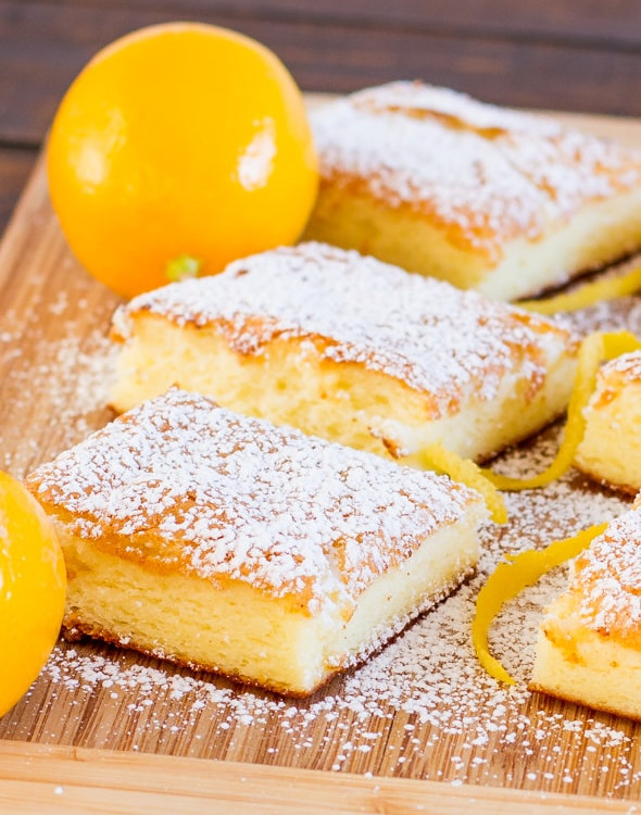 two ingredient fat free lemon bars dusted with powdered sugar