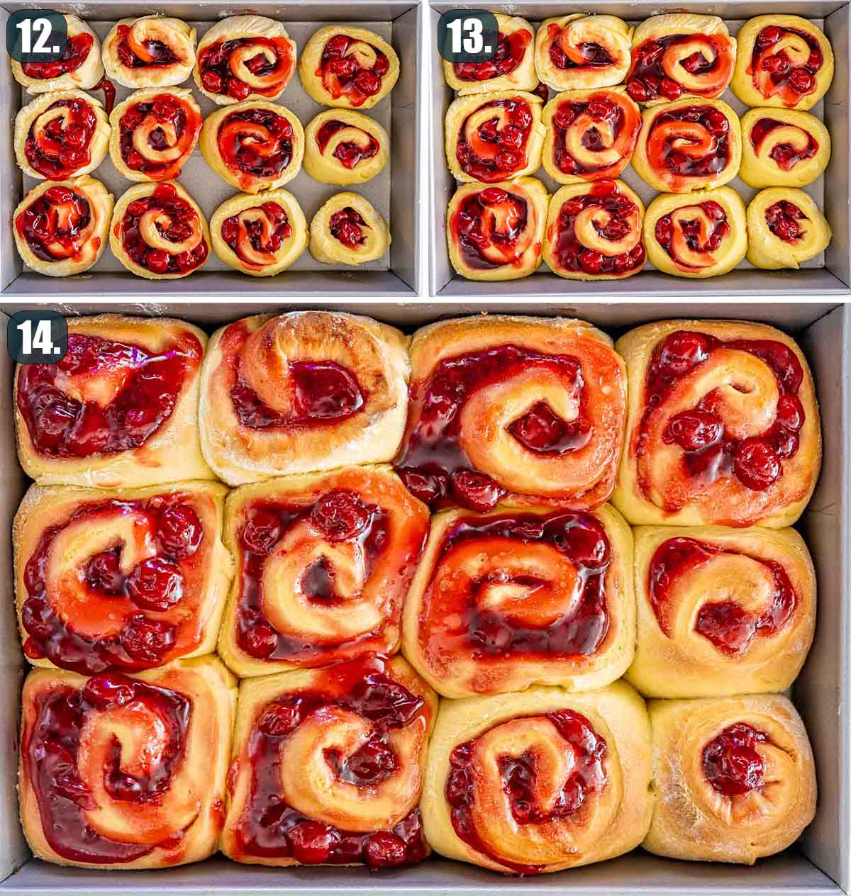 process shots showing cherry rolls before and after baking.