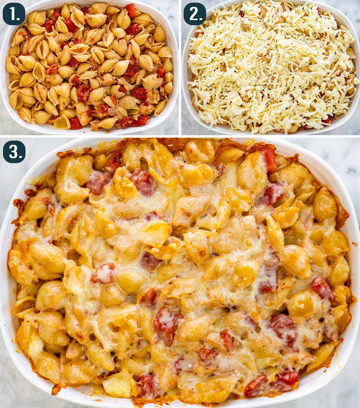 chicken casserole before and after baking.