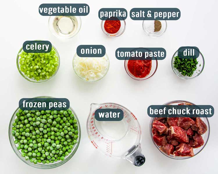 overhead shot of all ingredients needed to make beef and pea stew