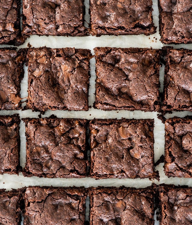 overhead close up shot of sliced brownies