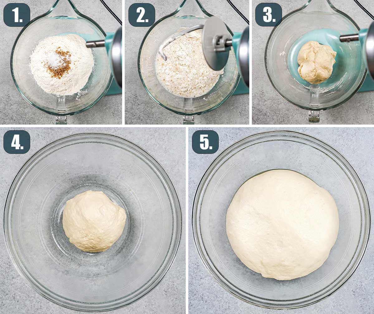 detailed process shots showing how to make dough for bagels.