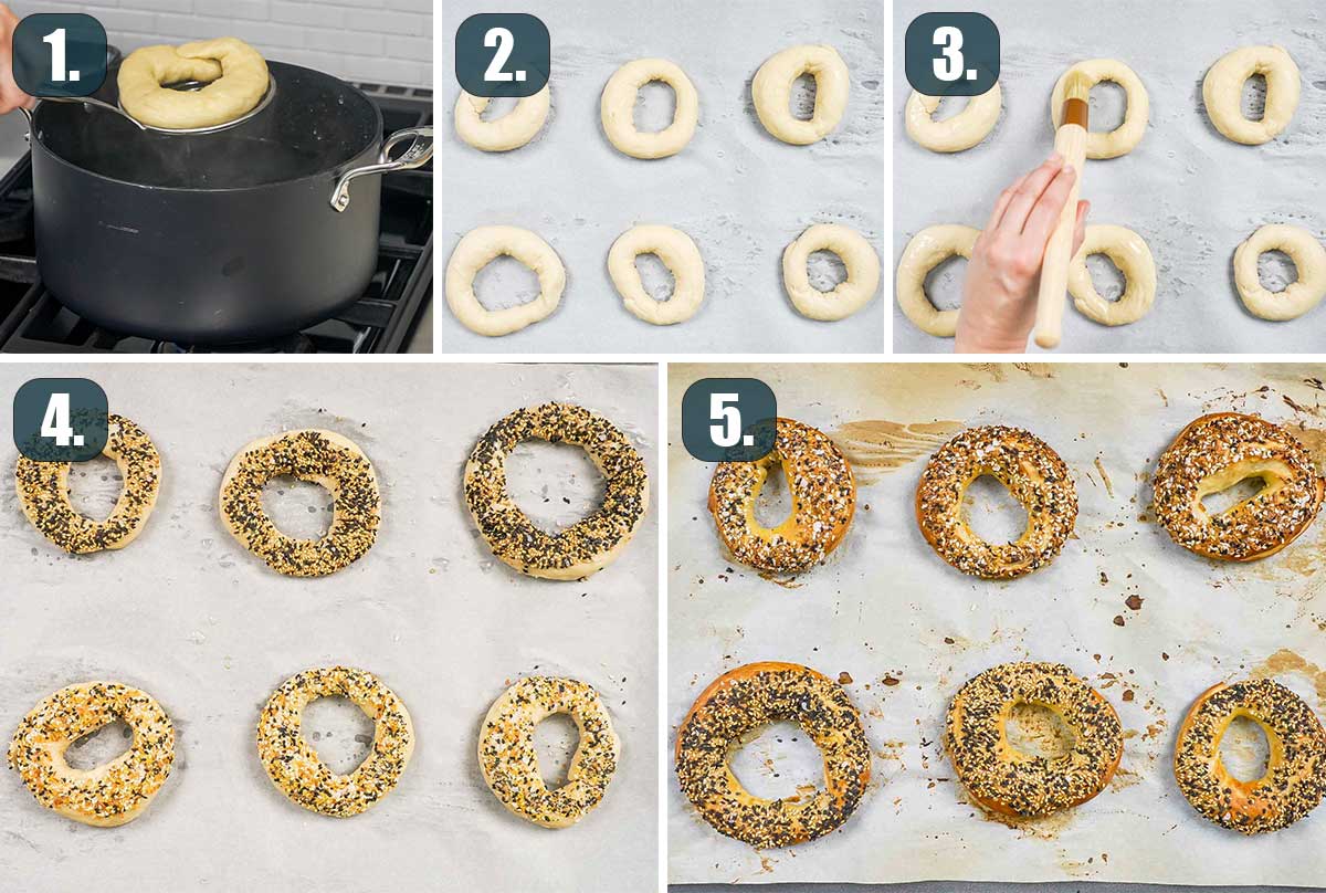 detailed process shots showing how to finish baking bagels.