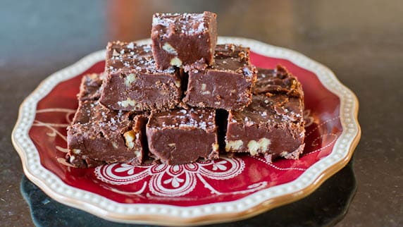 2 Minute Microwavable Fudge with Pecans and Fleur de Sel on a plate