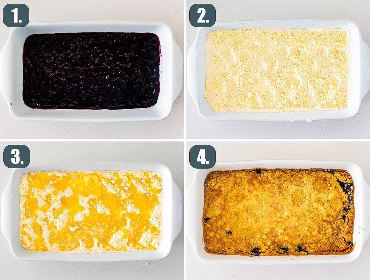 process shots showing how to make blueberry dump cake.