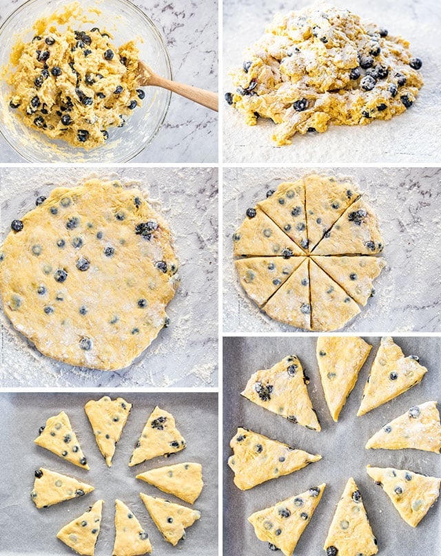 process shots for shaping and cutting dough for lemon blueberry scones