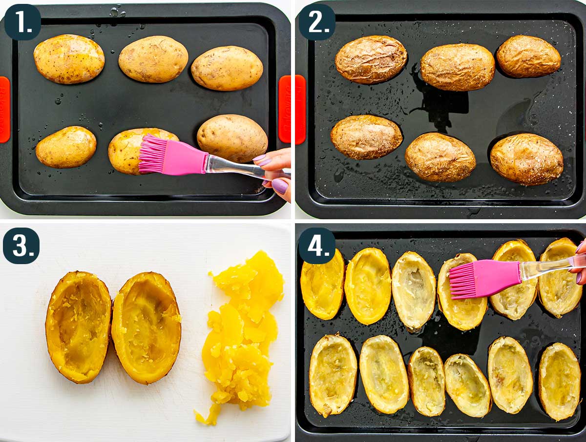 process shots showing how to prep potatoes for potato skins.