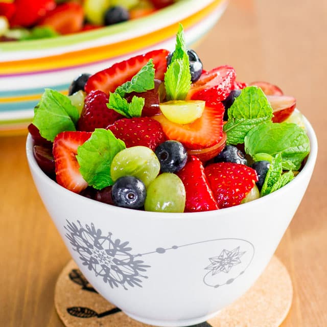 closeup of Summer Fruit Salad with Lemon Dressing in a bowl