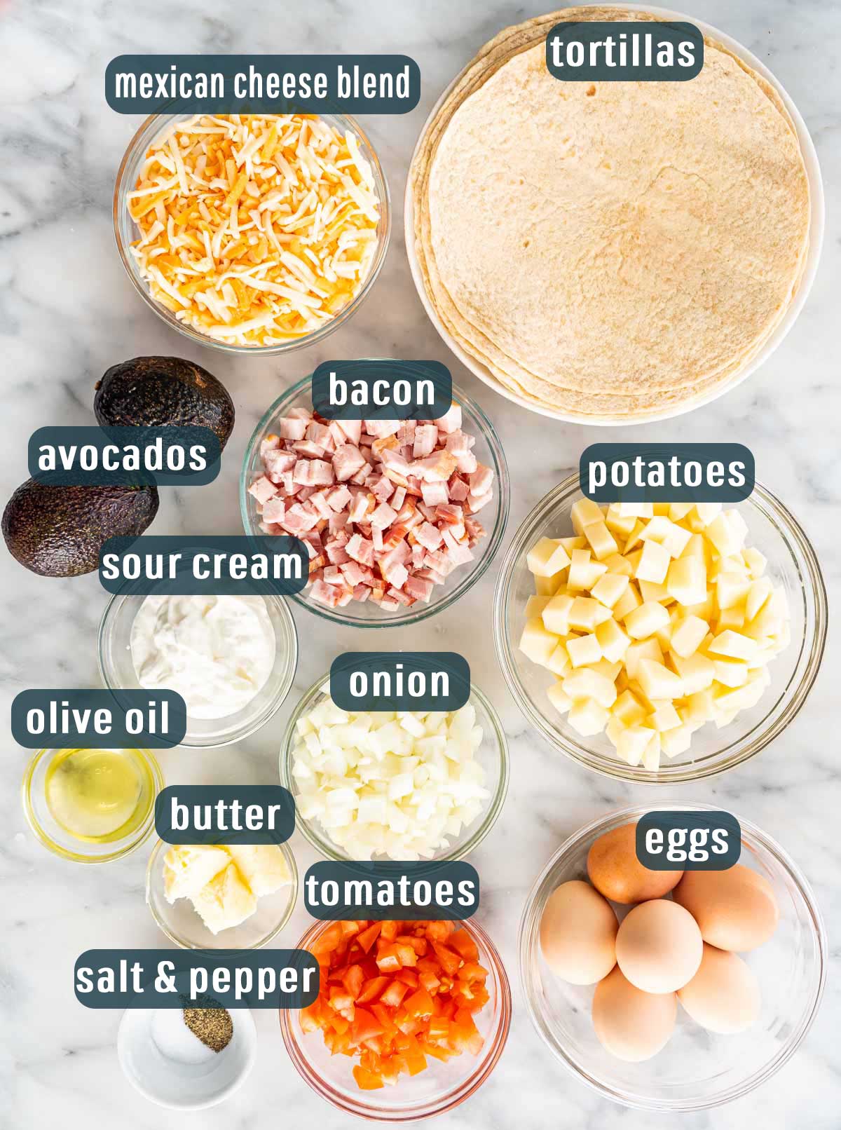 overhead shot of all the ingredients needed to make breakfast quesadillas.
