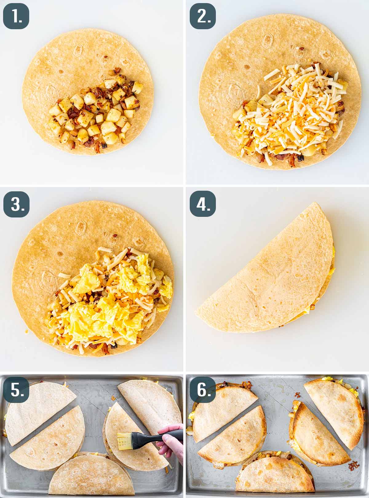 process shots showing how to assemble and bake breakfast quesadillas.