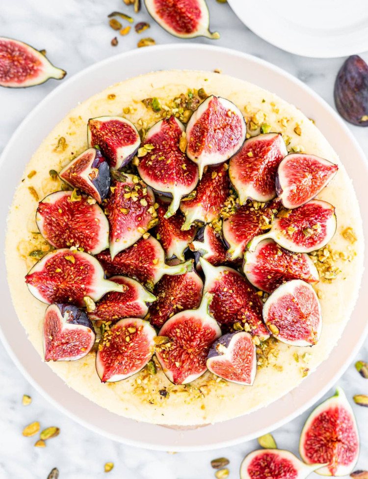 overhead shot of goat cheese cheesecakes with figs