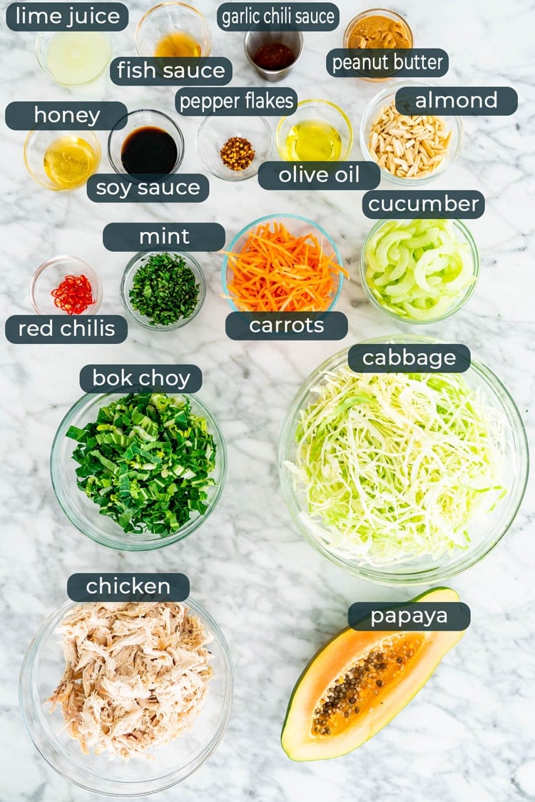 overhead shot of all ingredients needed to make thai chicken salad
