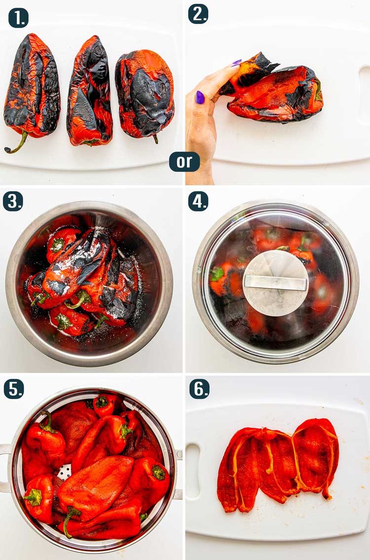 detailed process shots showing 2 different options to peel roasted peppers
