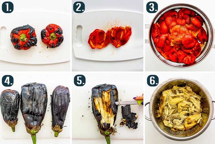 detailed process shots showing how to peel roasted peppers and eggplants