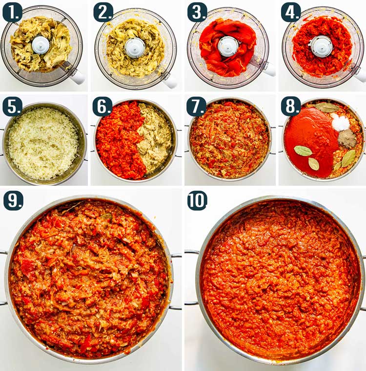 detailed process shots showing how to make roasted eggplant and pepper spread (zacusca)