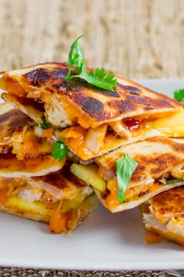 bbq chicken and mango quesadillas on a plate