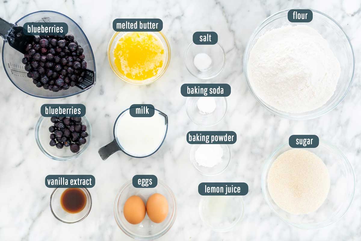 overhead shot of all ingredients needed to make blueberry muffins