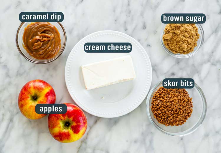 overhead shot of all the ingredients needed to make caramel apple dip