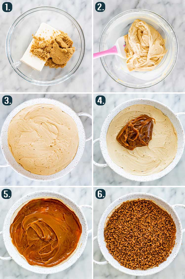 detailed process shots showing how to make caramel apple dip