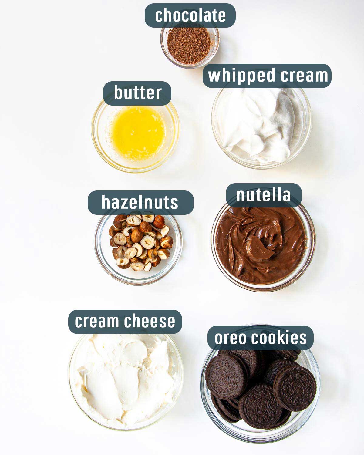 overhead shot of all the ingredients needed to make no bake nutella cheesecake.