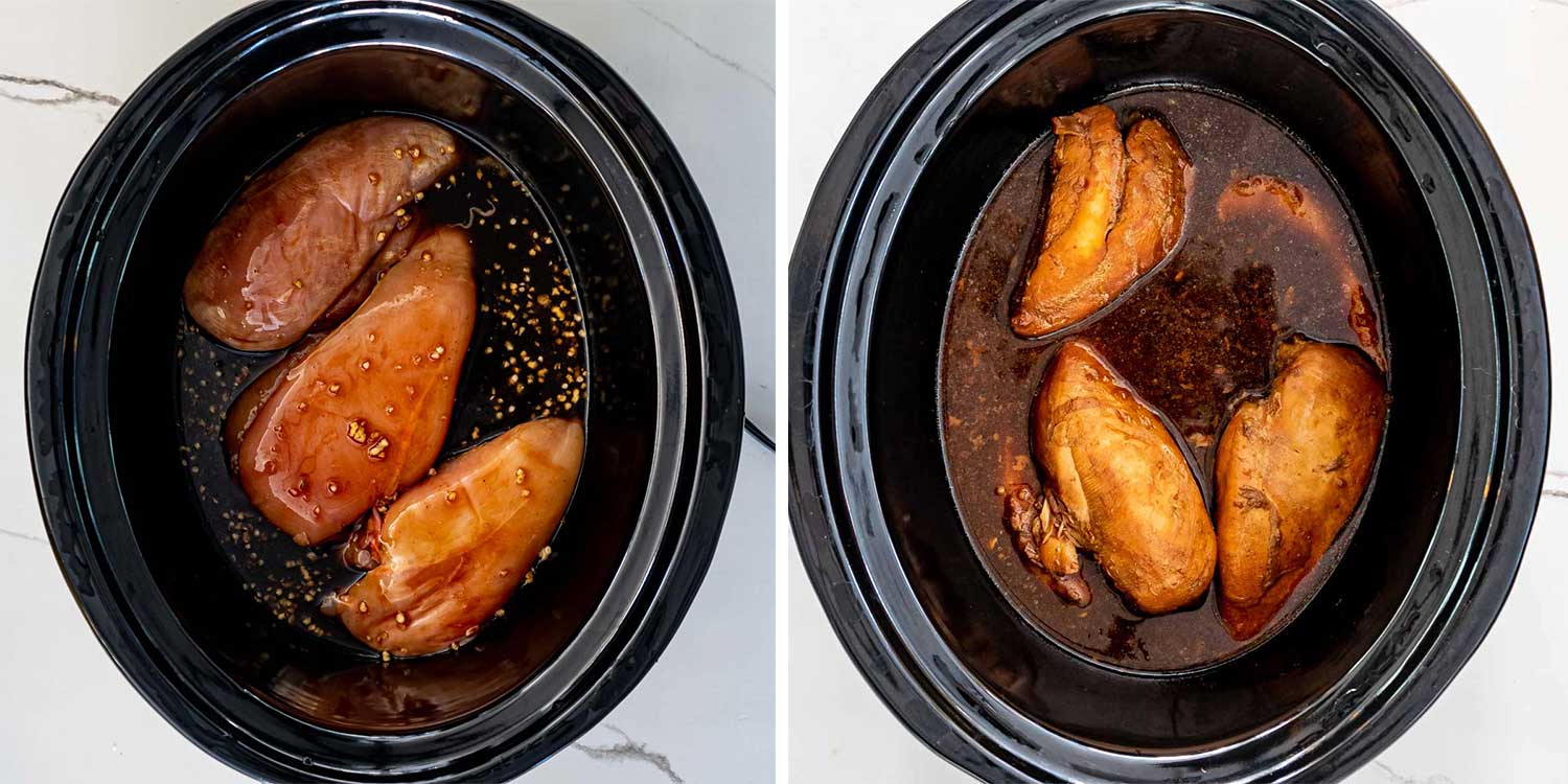 process shots showing how to make slow cooker teriyaki chicken.