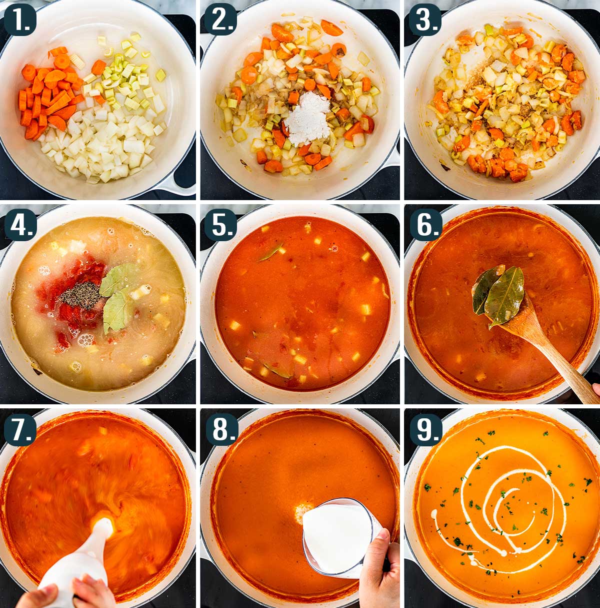 detailed process shots showing how to make tomato bisque