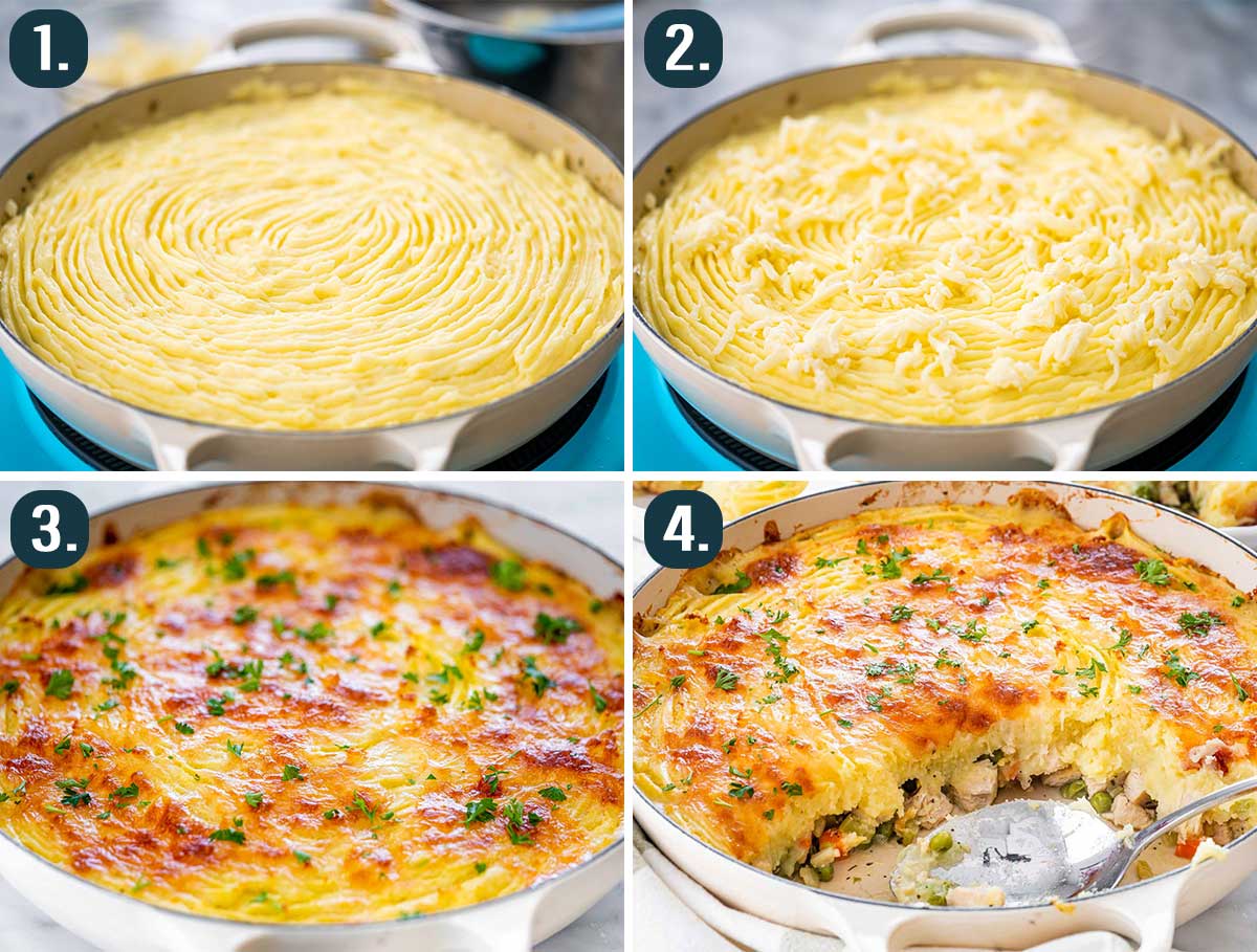 process shots showing how to assemble shepherd's pie and bake it.