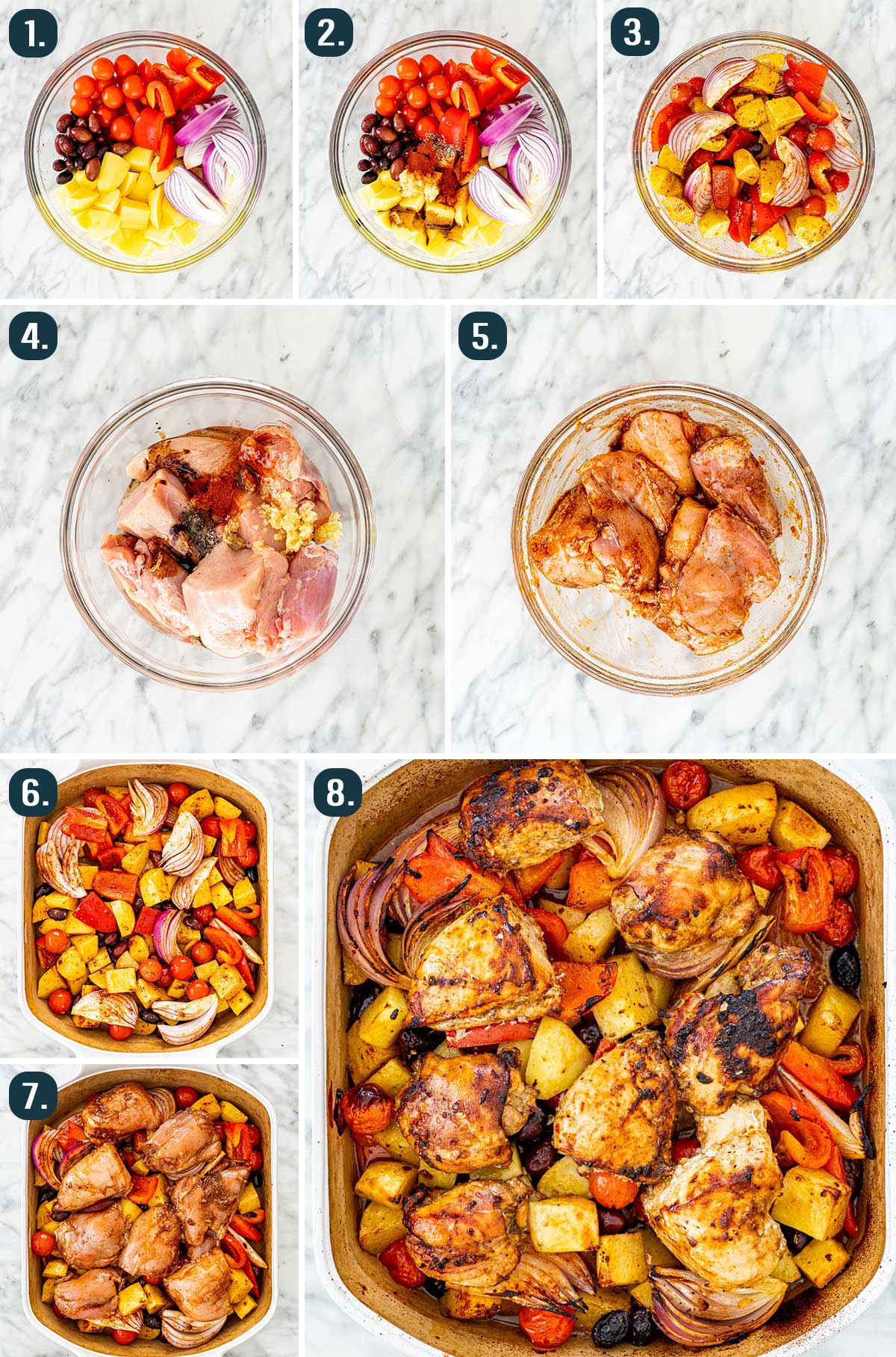 process shots showing how to make roasted chicken and vegetables
