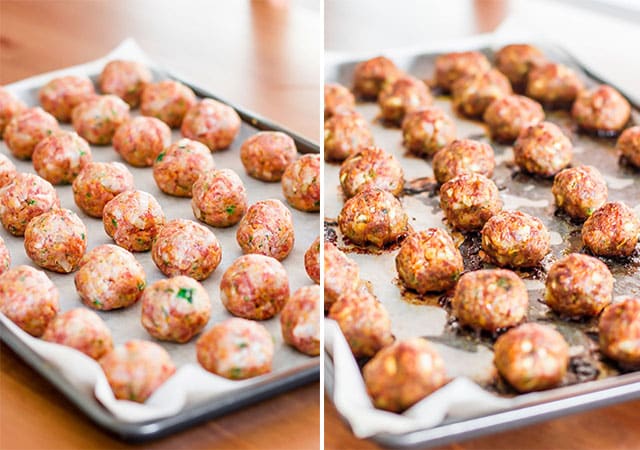 Side by Side photos of uncooked and cooked meatballs