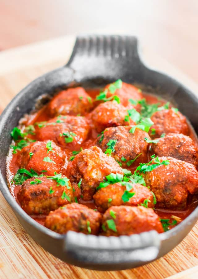 Close up of Spicy Ricotta Meatballs in Tomato Sauce