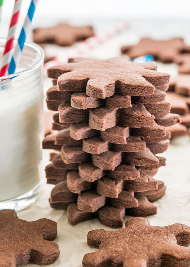 Stack of 10 Chocolate Sugar Cookies next to a glass of milk