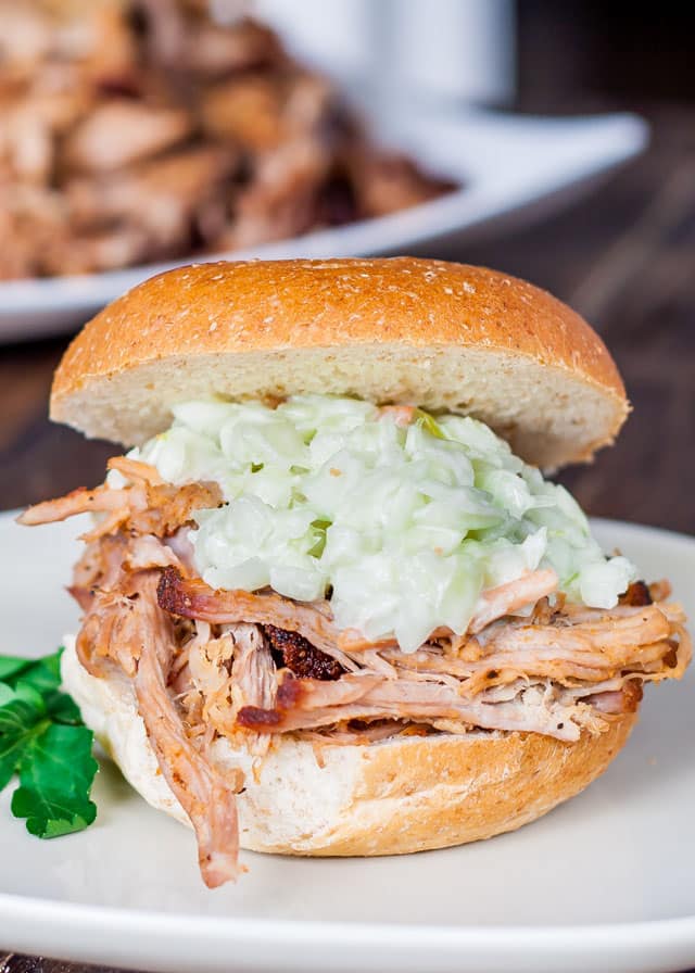 pulled pork sandwich with coleslaw on a white plate