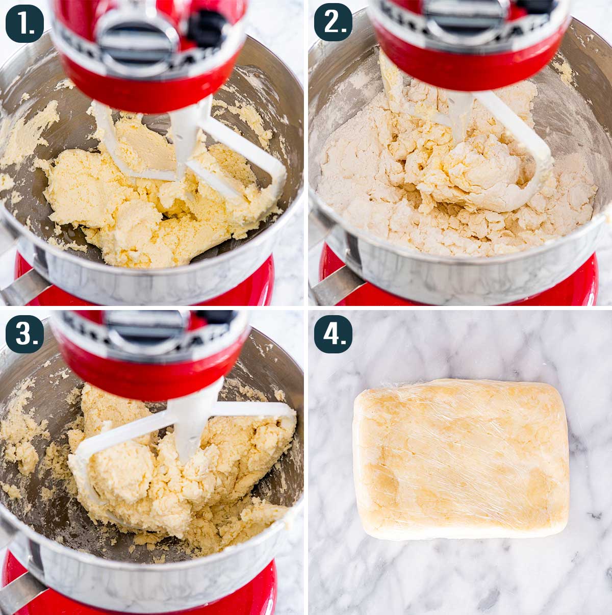 process shots showing how to make the dough for rugelach cookies.