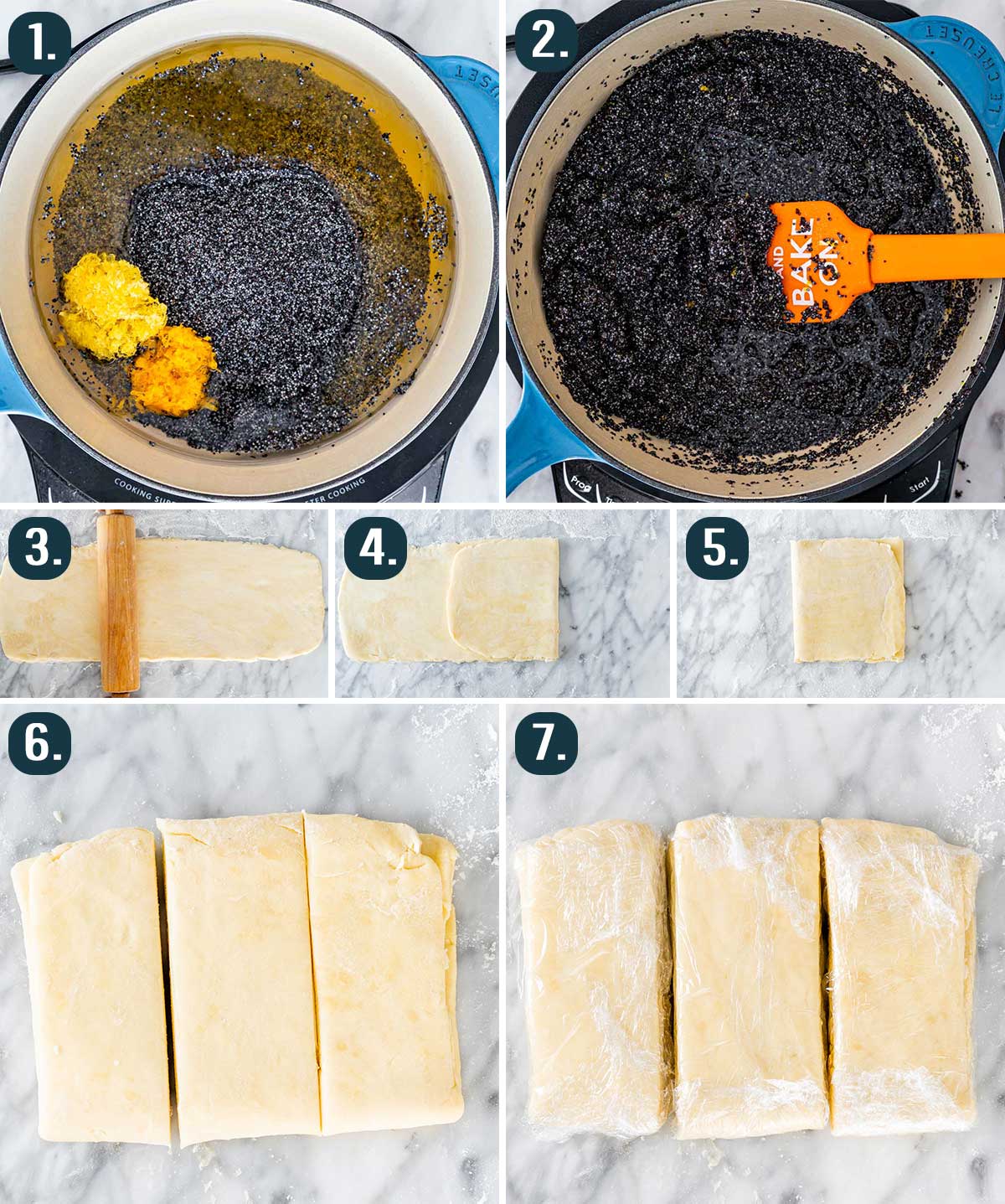 process shots showing how to make the filling and prep the dough for rugelach cookies.