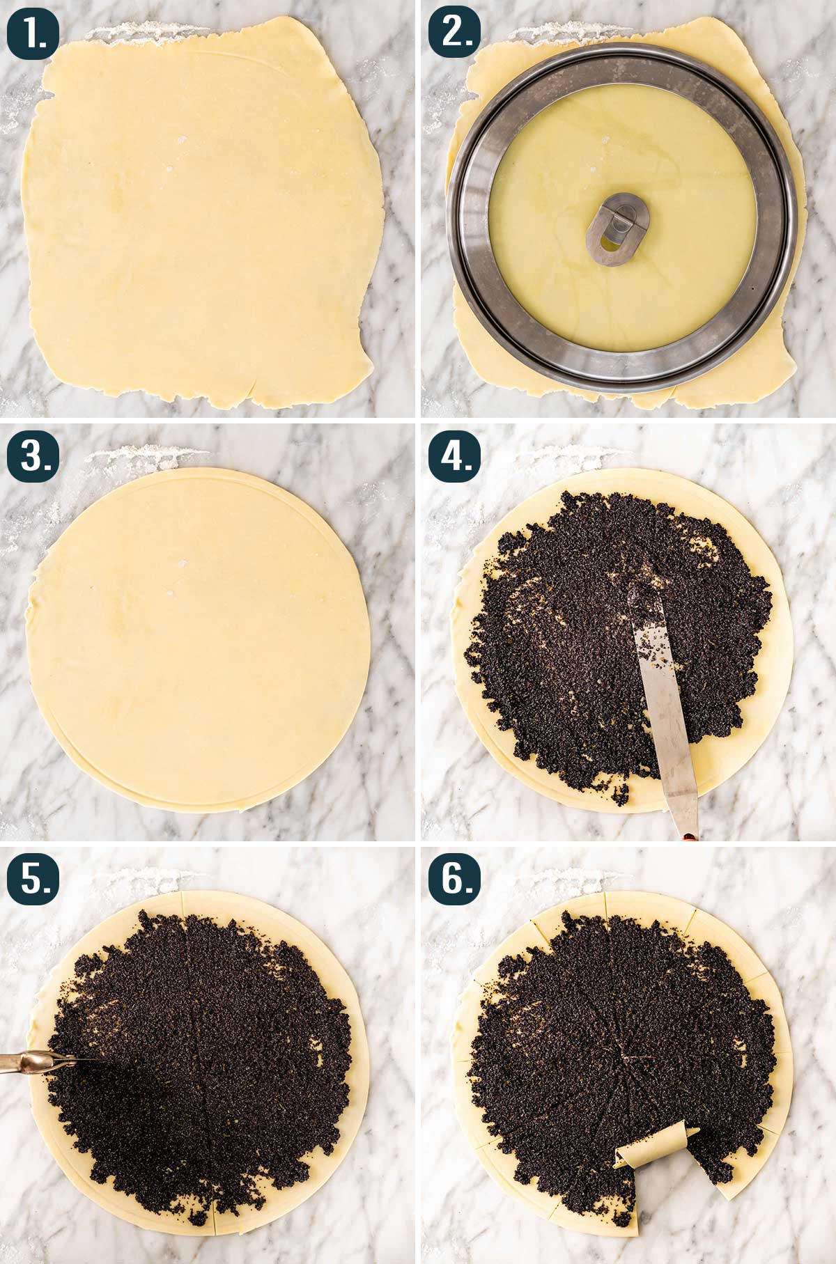 detailed process shots showing how to make poppy seed rugelach cookies.