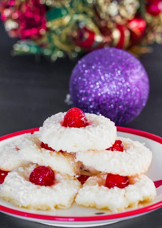 Yuletide Coconut Cherry Cookies on a plate