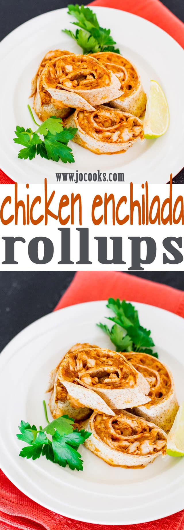 Chicken Enchilada Roll Ups - 4 simple ingredients turn into the perfect game day appetizer. Shredded chicken, enchilada sauce plus cheese equals delicious.