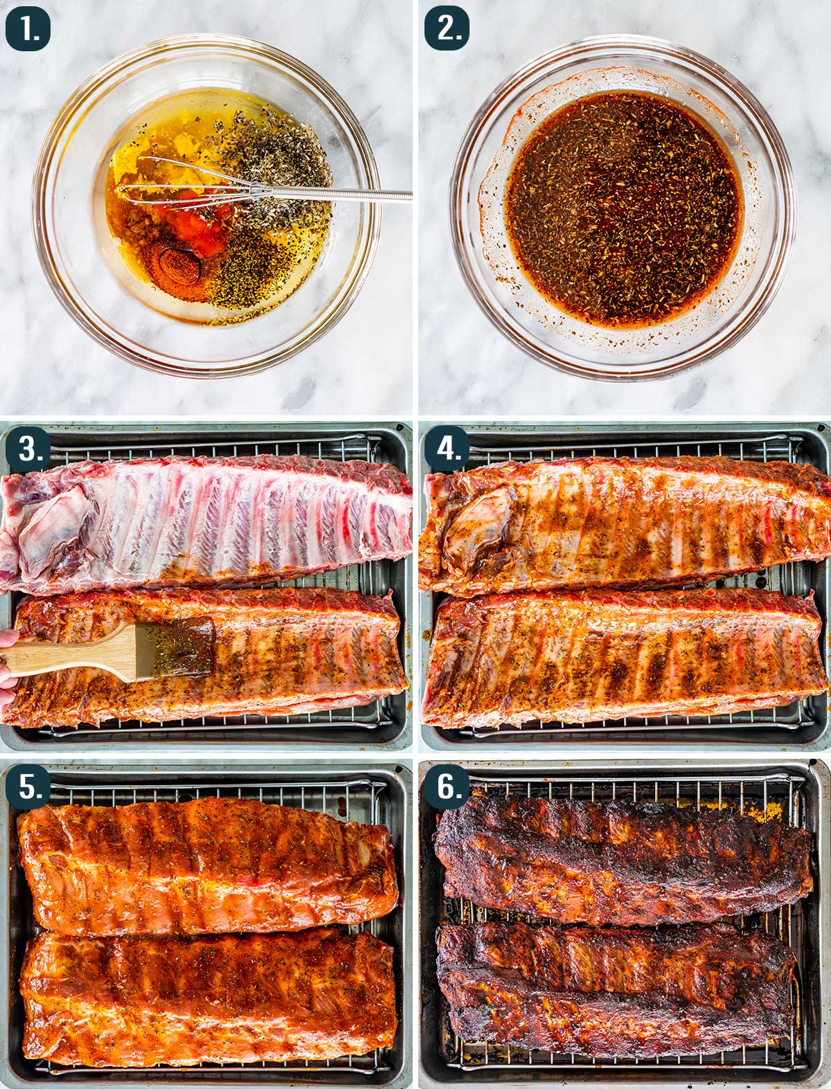 detailed process shots showing how to make honey glazed pork ribs in the oven