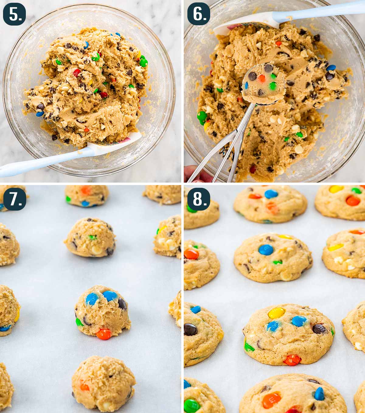 process shots showing how to form and bake m&m cookies.