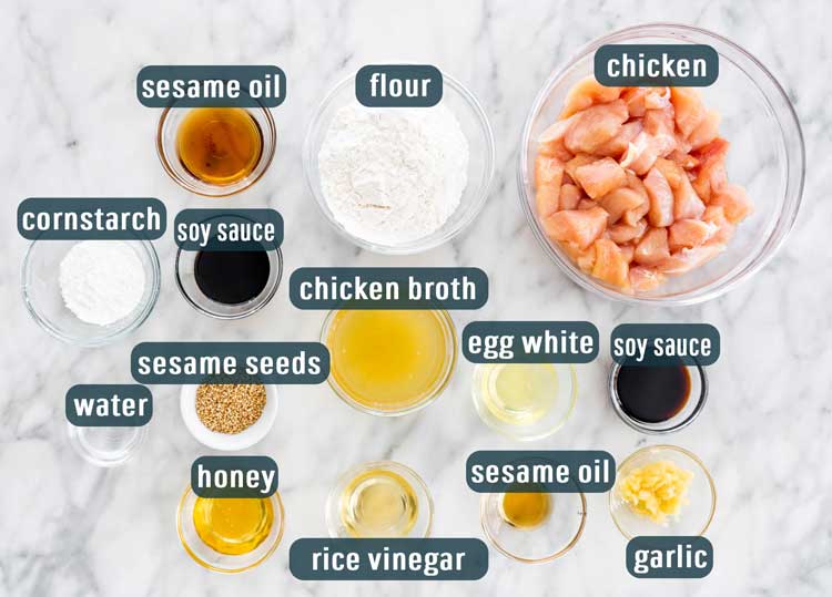 all the ingredients needed to make sesame chicken in individual bowls