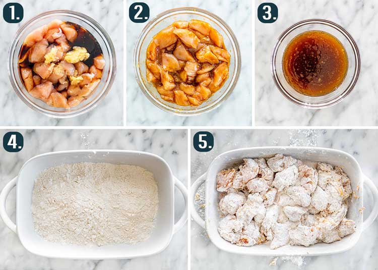detailed process shots showing how to prepare the chicken and marinade for sesame chicken
