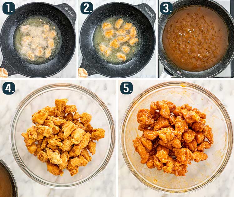 detailed process shots showing how to fry chicken and toss it with sauce