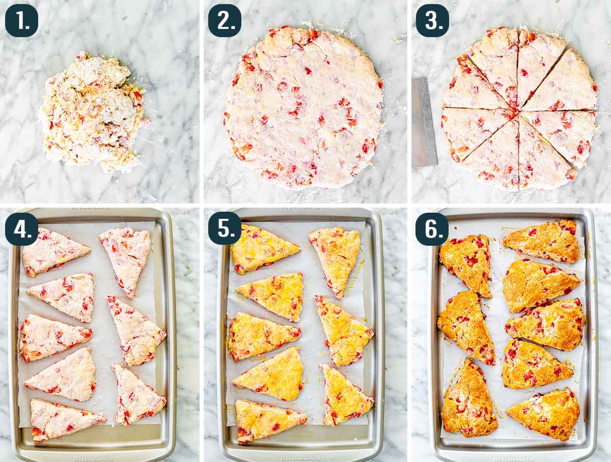 process shots showing how to shape and cut strawberry scones and pictures before and after baking